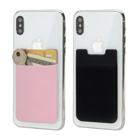 Adhesive Pouch - HJ Wireless Card Holder Back of Phone Stretchy Ultra Slim 3M Adhesive Lycra Card Sleeve Stick on Credit Card Wallet Phone Case Pouch Sleeve Pocket for Most Smart Phones 2 Pack (Black Pink) Black Pink