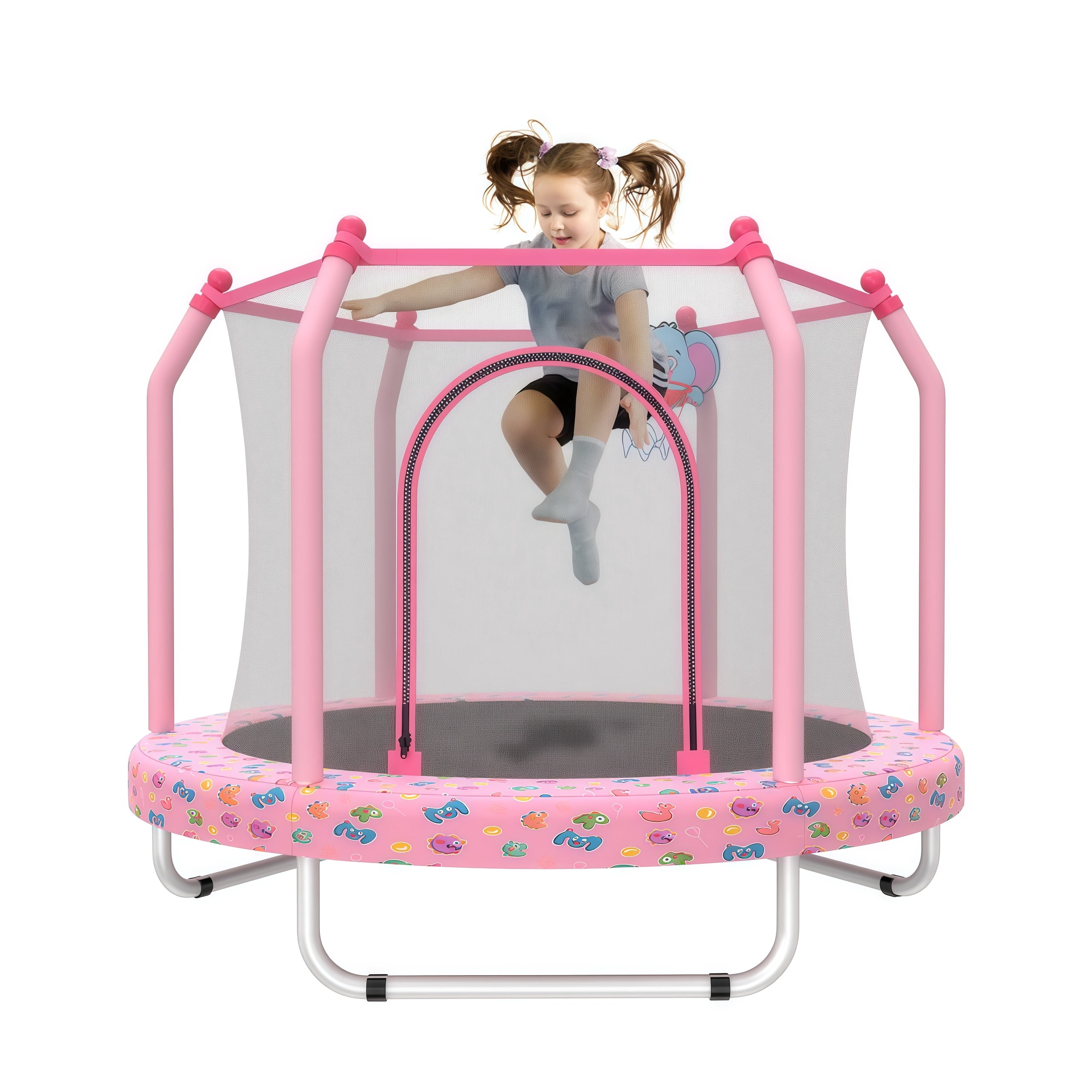 Dwelling Tales Bouncing Kids Trampoline Round with Safety Enclosure Net Basketball Hoop Indoor Outdoor Pink 55 Inch