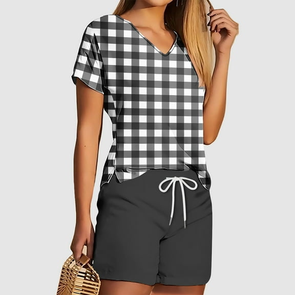 Teissuly 2PC Women's V Neck Shorts Sleeve Two-piece Comfortable Home Pajamas Set Sports Set