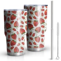 30oz Red Strawberry Plants Fruit White Pattern Tumblers Stainless Steel Tumbler with Lid and Straw,Vacuum Insulated Double Wall Travel Tumbler Cups Mug with Cleaning Brush for Coffee,Tea