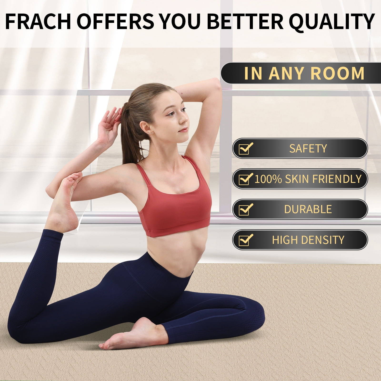 Frach Large Yoga Mat Extra Wide 4 ft,0.3" Thick with Strap, Non-Slip High Rebound for Home and Outdoor,Gym and Travel(Beige+Black)