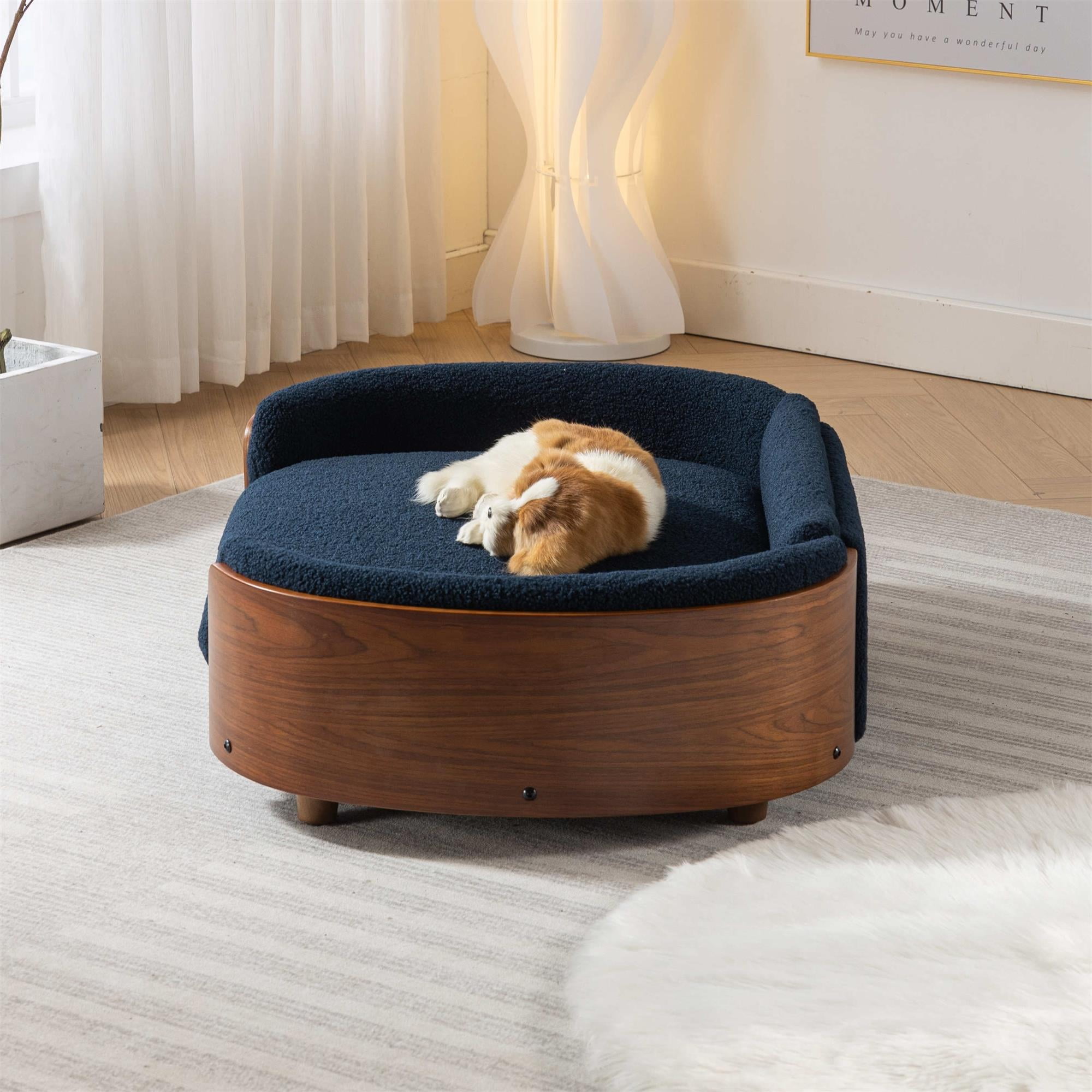 Pefilos 38" Elevated Pet Dog Bed with Solid Wood Legs and Walnut Bent Wood Back, Cashmere Cushion, Pet Sofa for Indoors Dogs, Dark Blue Pefilos 38" Elevated Pet Dog Bed with Solid Wood Legs and Walnut Bent Wood Back, Cashmere Cushion, Pet Sofa for Indoors Dogs, Dark Blue