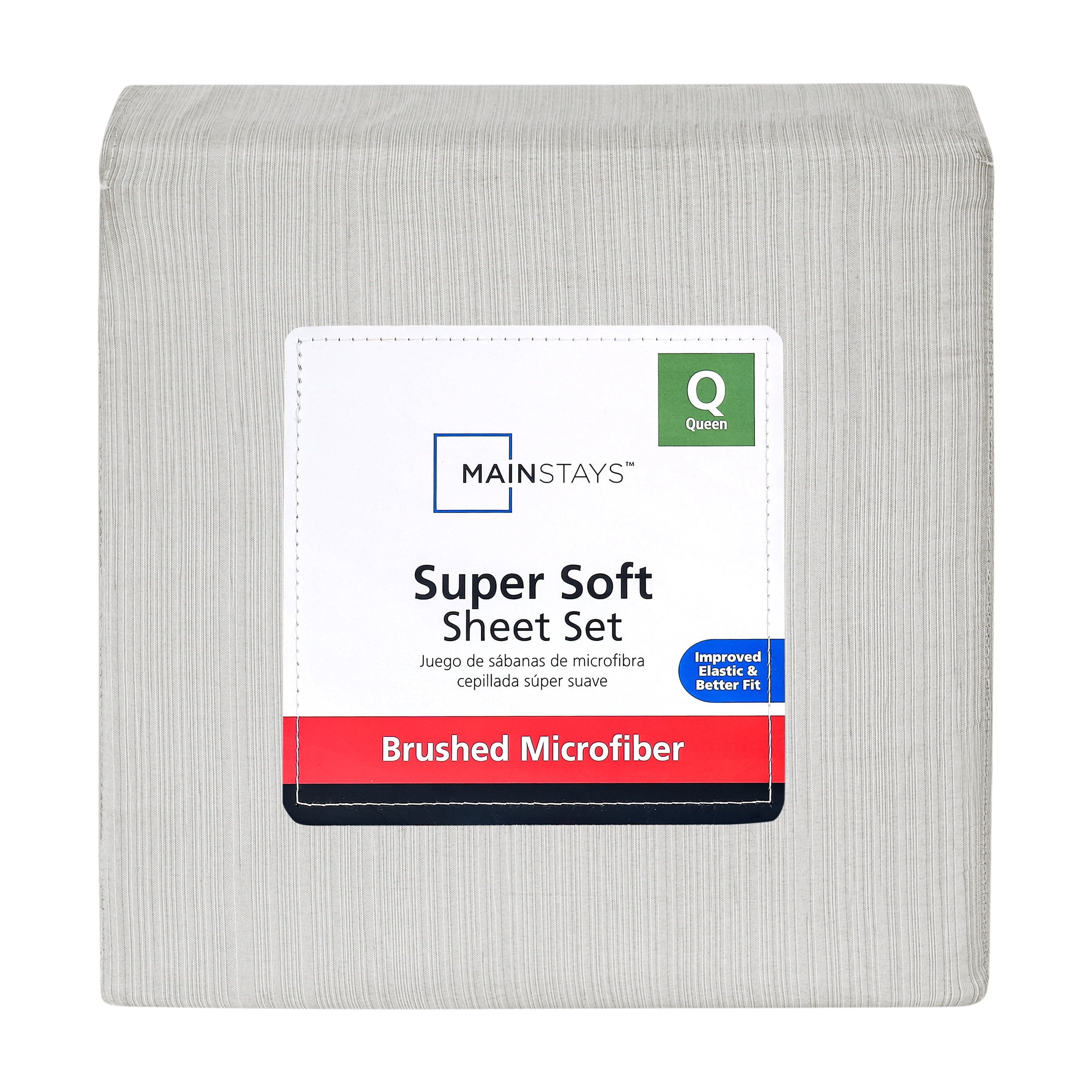 Mainstays Super Soft Brushed Microfiber Bed Sheet Set, Grey Stria, Queen, 4 Piece