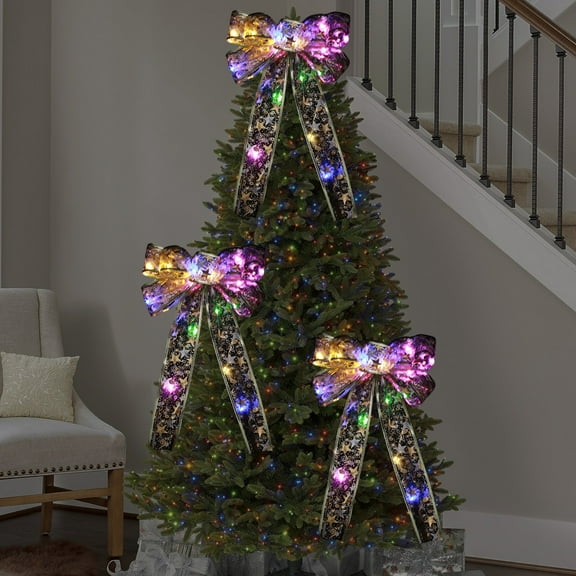 ZhyrZng Light up Christmas Tree Topper Bow, Printed with Star Pattern Christmas Bows with Gold Silver Edge for Holiday Xmas Tree Gift Wrapping Decorations(No LED Lights!!!)