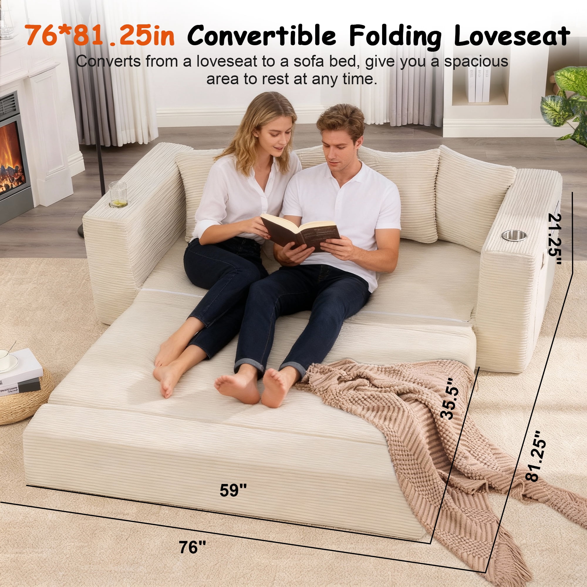 Miniyam 76" x 36" Sofa Bed, Folding Convertible Sleeper Sofa with Cup Holders, No Assembly Required Space Saving Fabric Sofa with Storage, Modern Corduroy Couch (Beige)
