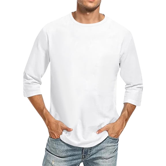 3/4 Sleeve Shirt Men Casual Crewneck Baseball T-Shirts Summer Sport Tops Athletic Basic Tee Going Out Solid Tops White S
