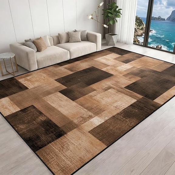 Modern Abstract Geometric Area Rug, Vintage Bohemian Rug, Brown Beige Patchwork Rugs for Living Room Low-Pile Washable Carpet with Rubber Backing 2 x 3ft