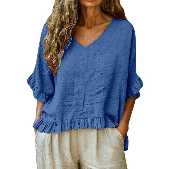T Shirts For Women Blue Womens Tops Fashion V Neck 3/4 Length Sleeve Loose Fit Tees Lightweight