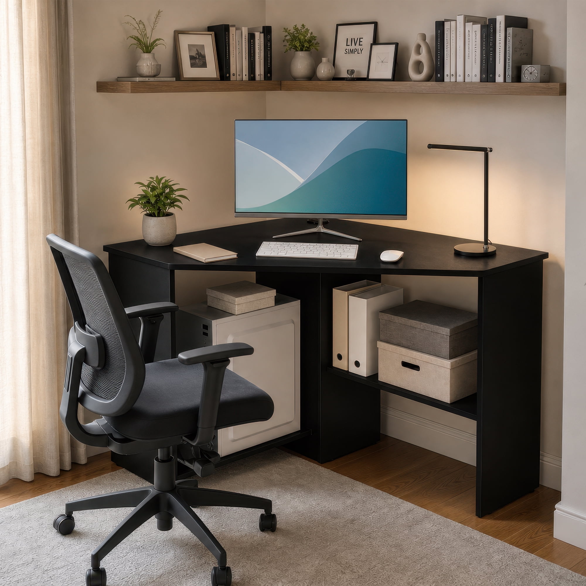 Corner Computer Desk with Charging Station, Triangle Writing Workstation with Storage Shelf for Home Office,Black