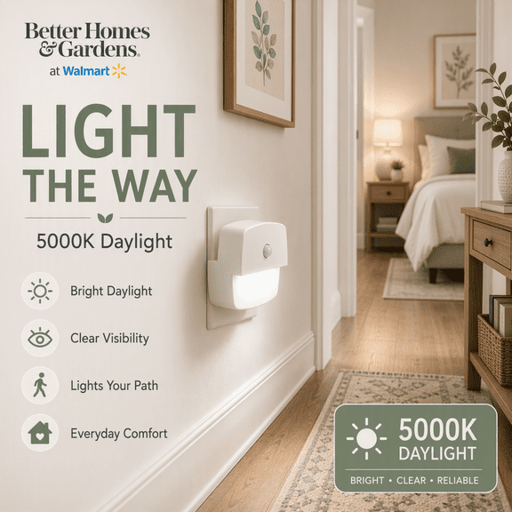 Better Homes & Gardens 3.15" LED Night Light, Daylight, Dusk to Dawn, High-Low Mode adjusts by Motion