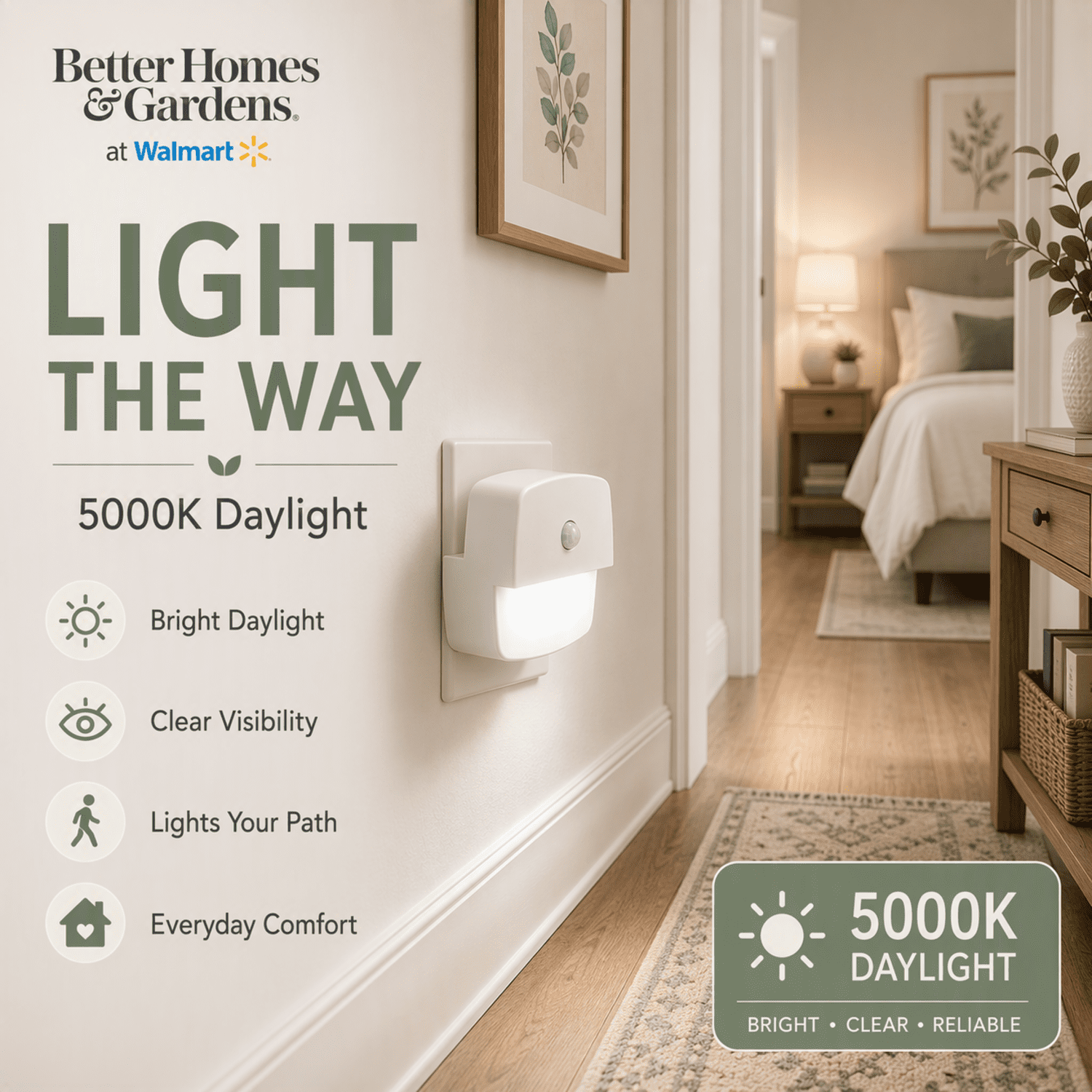 Better Homes & Gardens 3.15" LED Night Light, Daylight, Dusk to Dawn, High-Low Mode adjusts by Motion