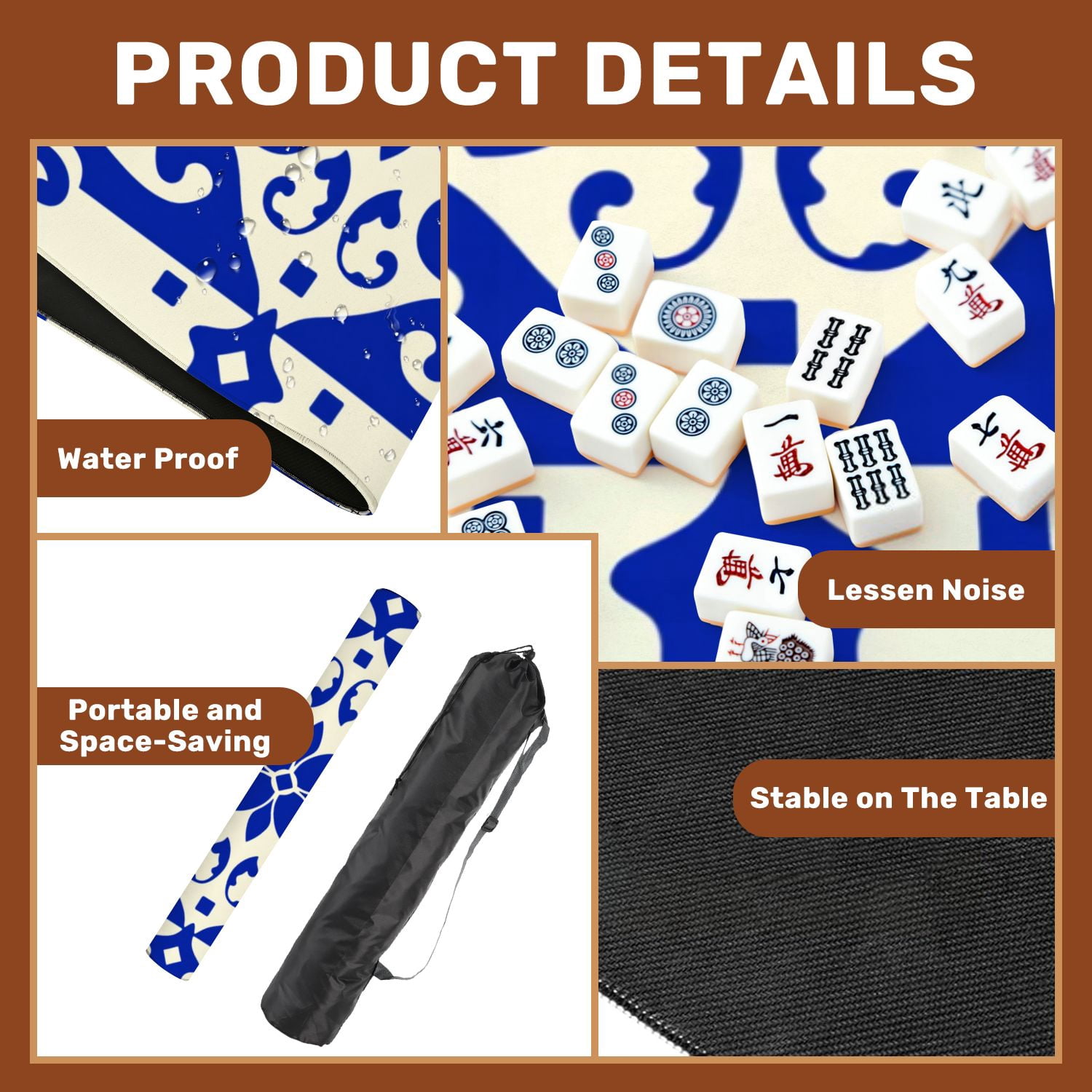 Mahjong Mat 31.5" x 31.5" Blue White Ornamental Tile Floral Geometric Design Non-Slip Noise Reduction American Mahjong Tiles Table Cover for Dominoes Poker Card Board Games Gift