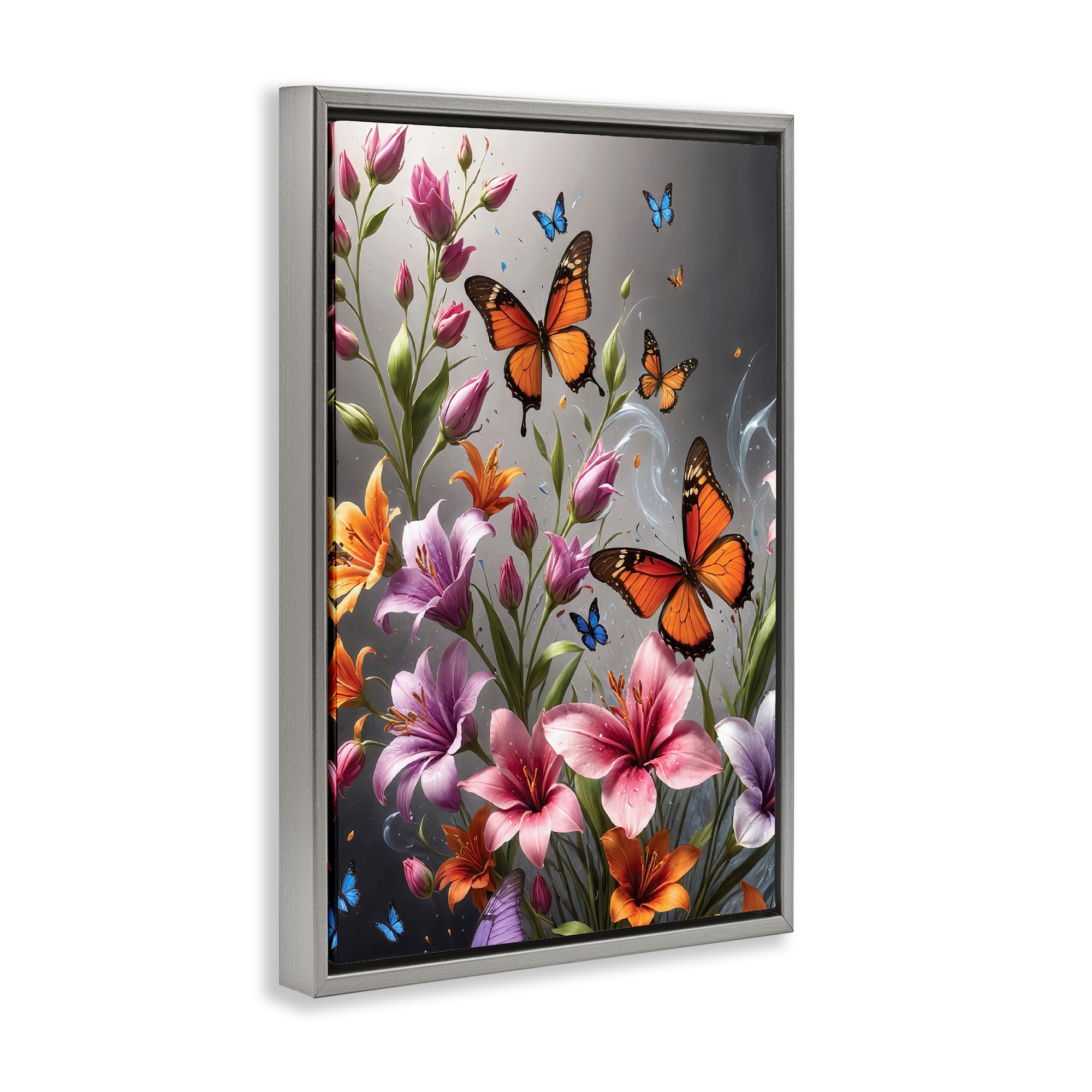 Stupell Industries Monarch Butterflies & Lilies Animals Painting Gray Floater Framed Canvas Art Print Wall Art, 21 x 31