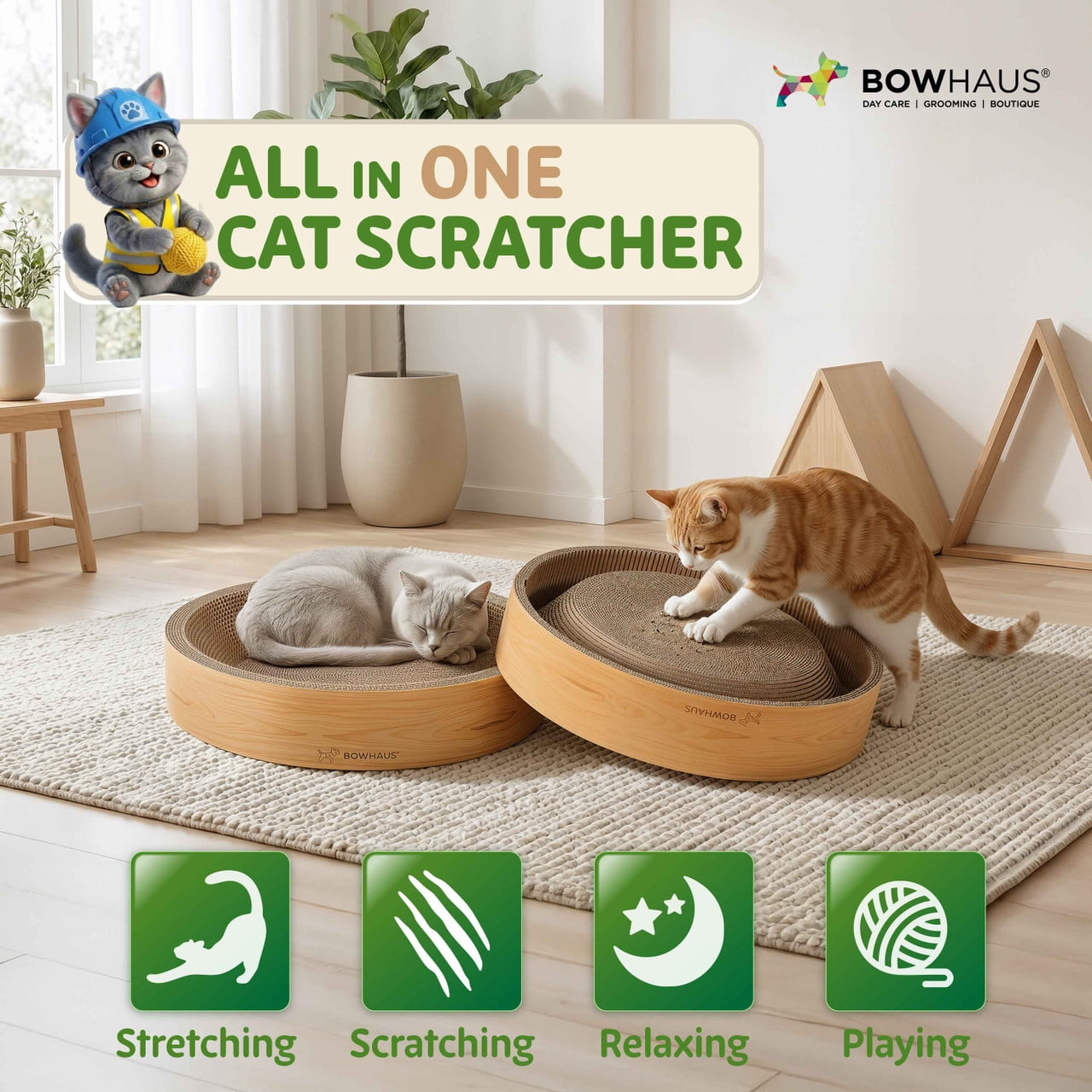 CAPHAUS Cat Scratch Bowl, Reversible Cardboard Round Cat Scratcher Bed for Indoor Cats, Durable Circle Cat Scratcher, Cardboard Scratch Pad Lounge, Furniture Protector