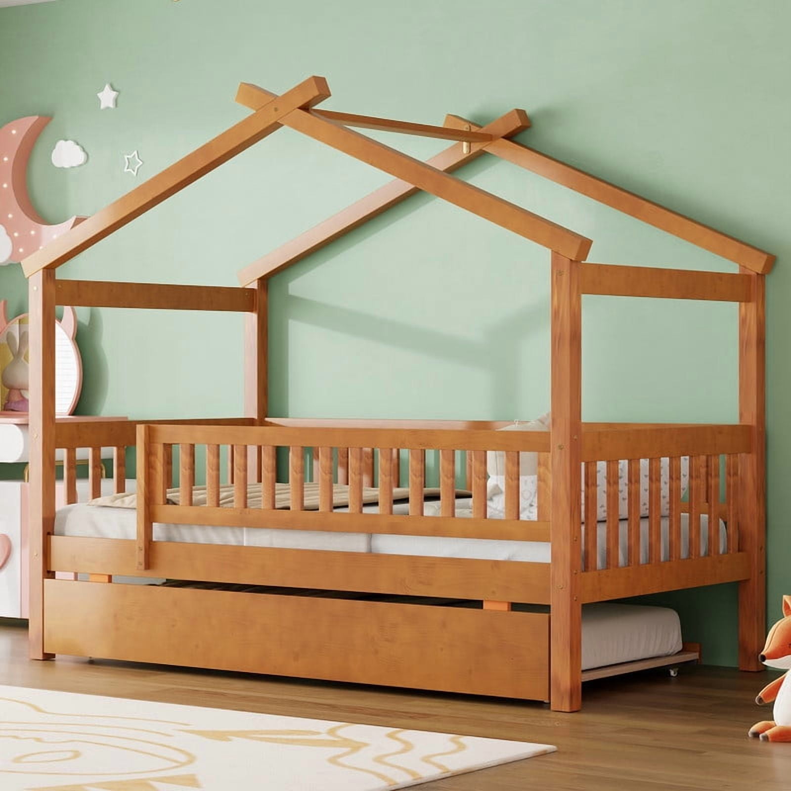 Bellemave Twin Size House Bed with Trundle Playhouse Platform Bed Wooden House-shaped Bed Frame with Fence Guardrail and Roof Tent Beds for Teens(Walnut, Twin Size)