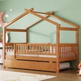 thumbnail image 3 of Bellemave Twin Size House Bed with Trundle Playhouse Platform Bed Wooden House-shaped Bed Frame with Fence Guardrail and Roof Tent Beds for Teens(Walnut, Twin Size), 3 of 14