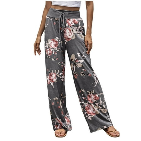 

Womens Casual Drawstring Pants High Waist Palazzo Pants Floral/Polka Dot Print Stretch Wide Leg Pants Comfy Pajama Pants(M，Dark Gray）