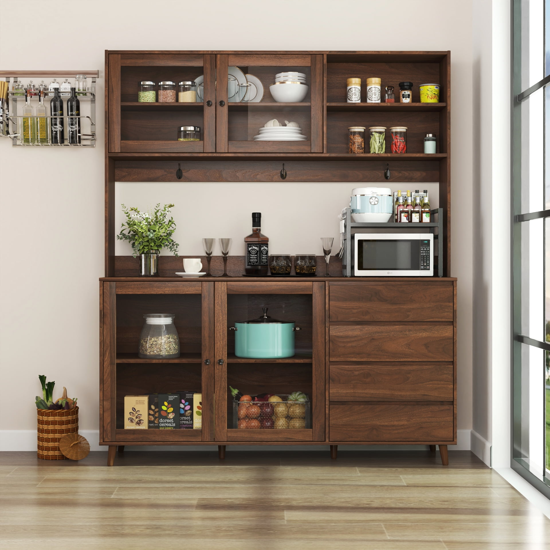 Aukfa Large Kitchen Hutch Cabinet, Pantry Cabinets w/ 4 Doors & Microwave Shelf, Walnut