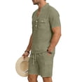 thumbnail image 2 of Domuza Linen 2 Pieces Set Men Casual Henley Short Sleeve Button T Shirts and Shorts with Pockets 2026 Summer Fashion Vacation Holiday Set Army Green XL, 2 of 4
