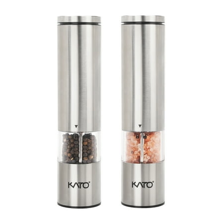 Kato Electric Salt and Pepper Grinder Set with LED Light, Battery Powered, Adjustable Ceramic Coarseness, Stainless Steel Pepper Mill, Pack of