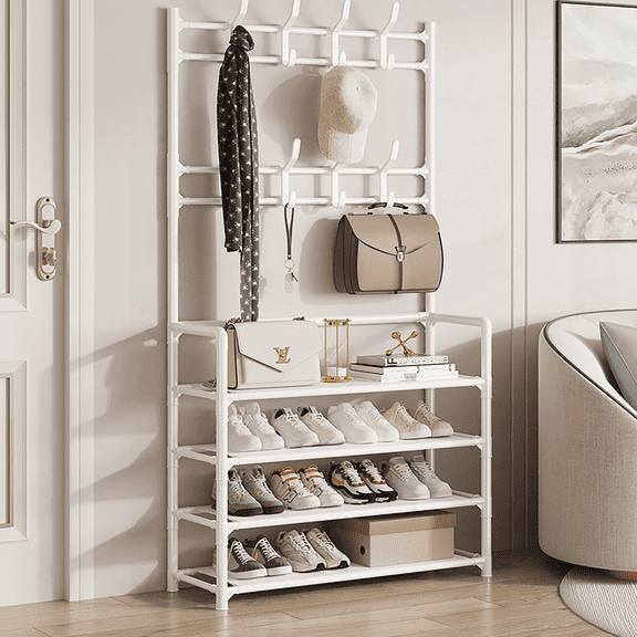 HioHa Coat and Shoe Rack, 4-Tier Freestanding Hall Tree with 8 Hooks, 31.5x10x61 Inch Entryway Organizer for Bedroom Hallway Office, White