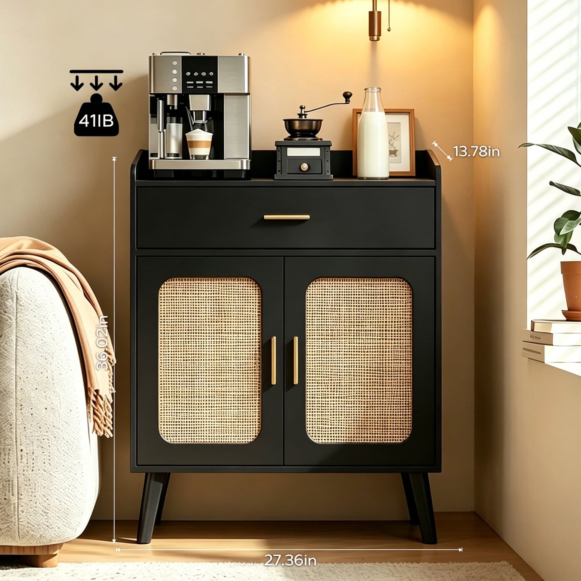 Kitchen Storage Cabinet, Farmhouse Buffet Cabinet , Storage with 1 Drawers and 2 Doors, Cabinet with Solid Wood Feet,Floor Sideboard Buffet for Living Room, Dining Room, Bathroom,(black Color)