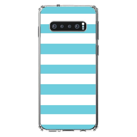DistinctInk Clear Shockproof Hybrid Case for Samsung Galaxy S10 (6.1" Screen) - TPU Bumper, Acrylic Back, Tempered Glass Screen Protector - Blue & White Bold Horizontal Stripes