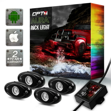 OPT7 AURA 4pc Rock Lights Multicolor Pods LED - for OffRoad Trucks, Jeeps, SUV, ATV, Dirt Bikes, Crawling Climbing - RGB Neon Underglow Lighting - Bluetooth, SoundSync, App Controls IP67 2 Yr (Best Jeep For Rock Crawling)