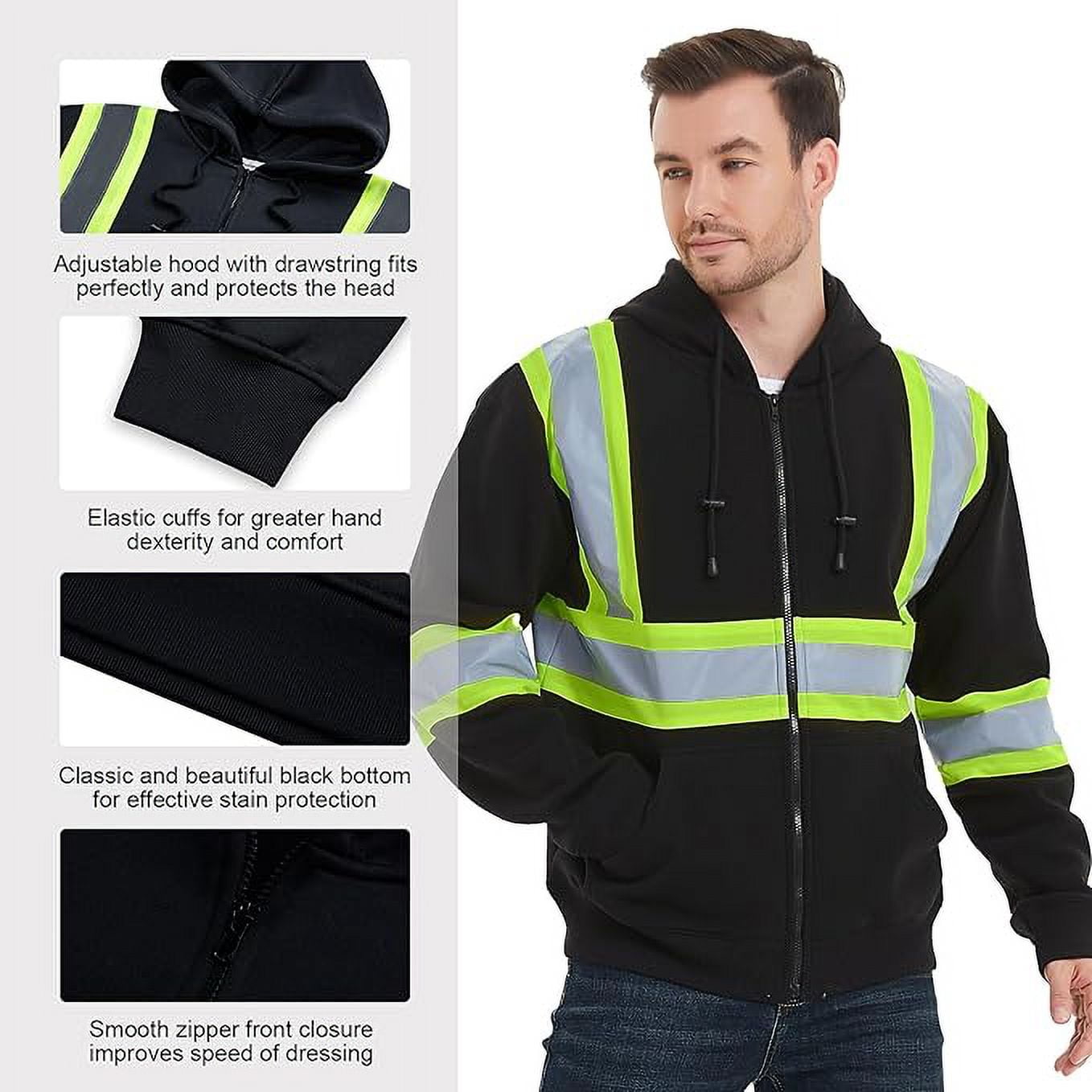 ProtectX High Visibility Safety Sweatshirt for Women Men, Class 3 Hi Vis Hoodie with large Pocket, Hooded Full-Zip Reflective Sweatshirt for Work & Construction, Black, 3X Large