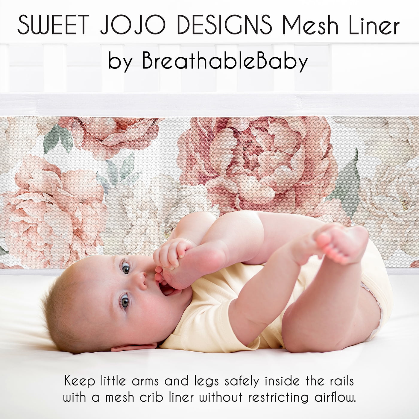Sweet Jojo Designs + BreathableBaby Peony Floral Garden Pink Ivory Breathable Mesh Crib Liner Pad