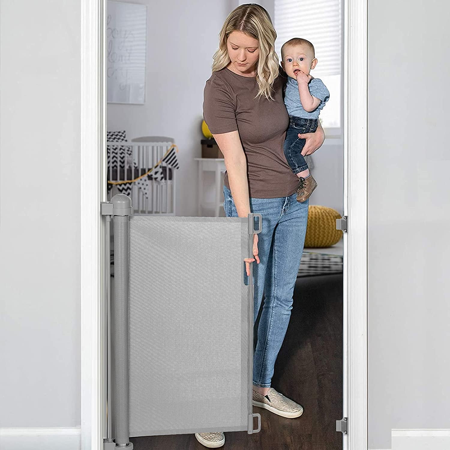Home Pets Child Safety in Gray Outdoor Retractable Baby Gate Extra Wide 71 in 