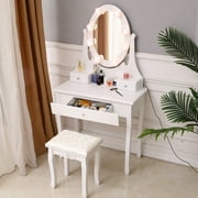 Modern Vanity Makeup Dressing Table Set 360-Degree Rotary w/Stool 3 Drawers & Rose Light White