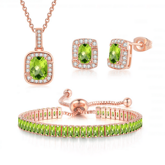Bonjour Jewelers 18K Rose Gold Created Peridot Princess Halo Pendant Necklace, Earrings And Tennis Bracelet Jewelry Set Plated