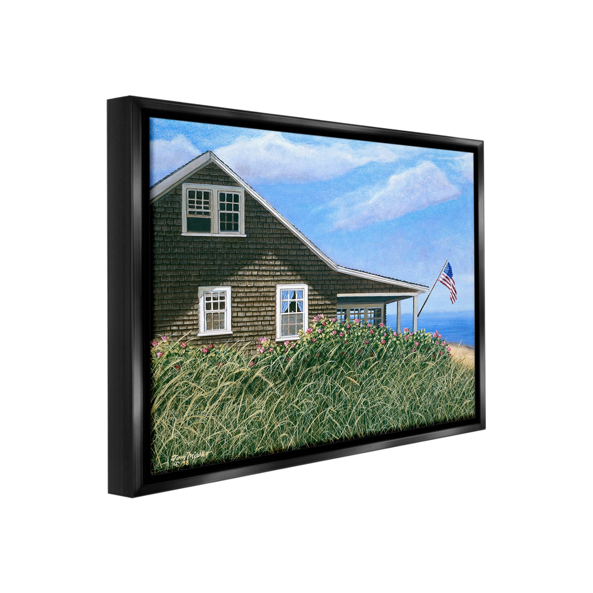 Stupell Industries Cape House with Flag Landscape Painting Black Floater Framed Canvas Art Print Wall Art, 21 x 17