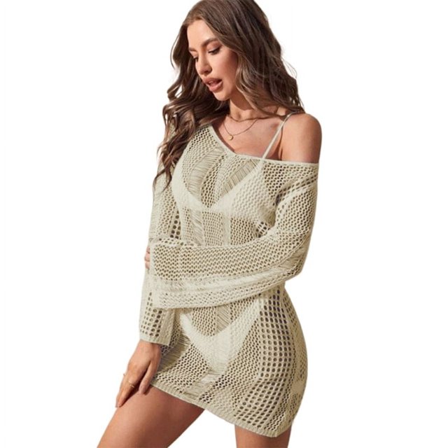 Vestido playero manga larga para mujer, Vestido playa holgado, ropa baño Sexy ahuecada, traje baño ganchillo