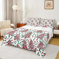 Feelyou Cartoon Christmas Tree Queen Sheet Sets, Green Red Dots Flat Sheet, Happy Holiday Queen Fitted Sheet, Breathable Home Decor,4-Piece