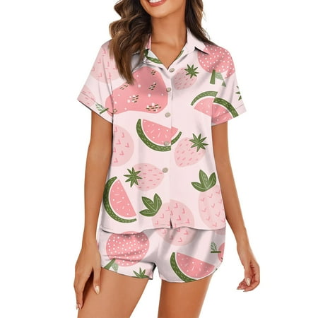 JULMCOMO Pajama Sets for Women 2 Piece Short Sleeve Button Up Sleepwear Cute Fruit Print Pjs Set Plus Size Loungewear Soft Comfy Vacation Pajamas Pink M