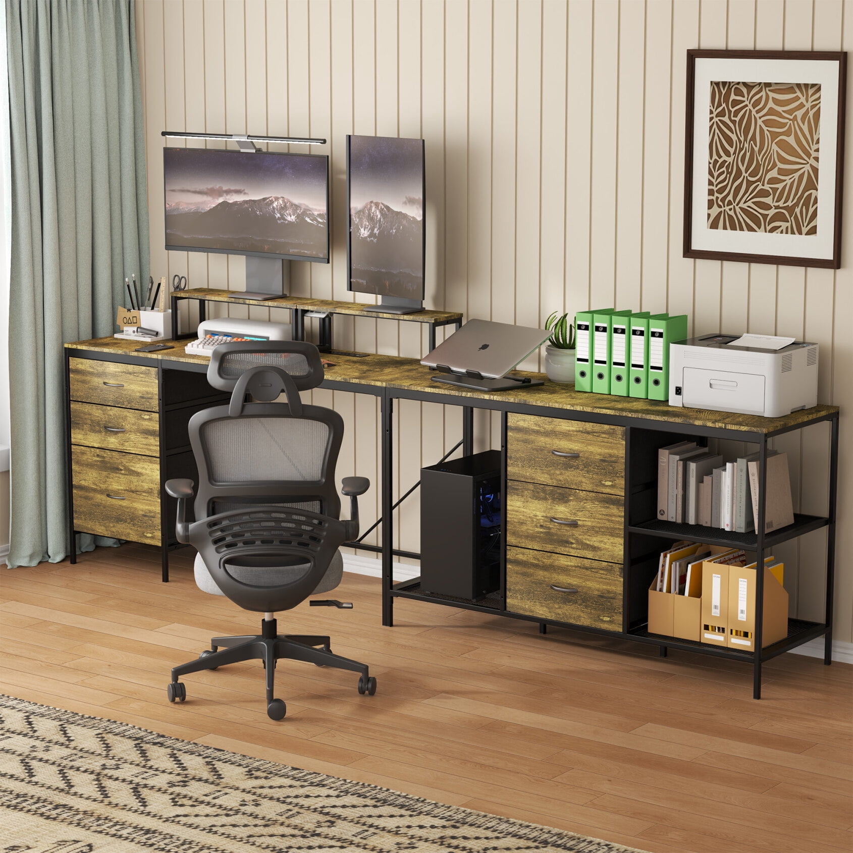 L Shaped Desk with Power Outlets and 6 Fabric Drawers, 77" Corner Computer Desk with Movable Monitor Stands and 3 Open Shelves, Heavy Duty Gaming Table for Home, Brown