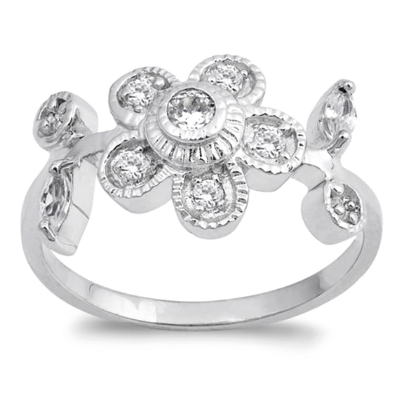 White Cubic Zirconia Bezel Flower Ring .925 Sterling Silver Band Jewelry Female Male Unisex Size 10