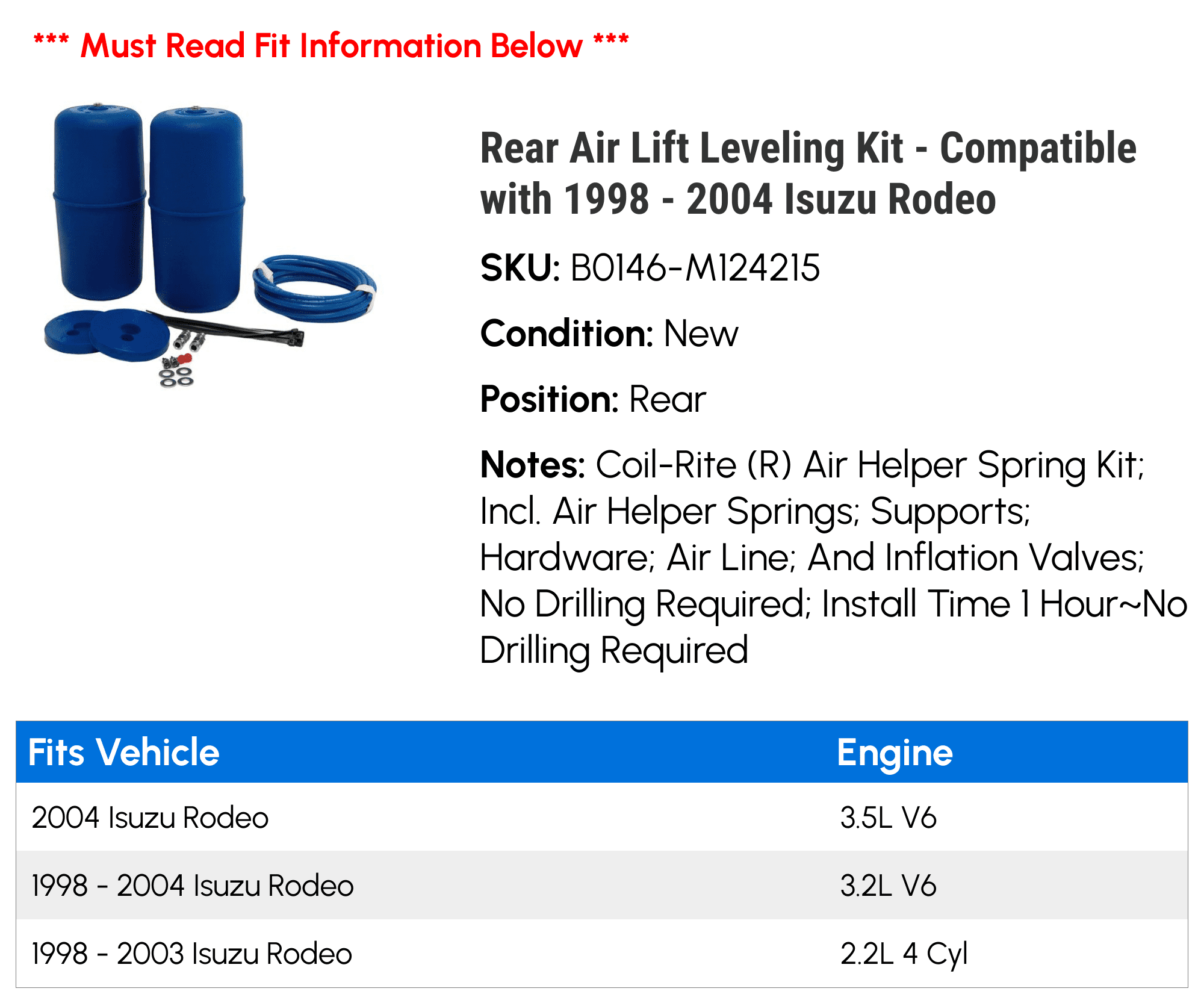 Rear Air Lift Leveling Kit - Compatible with 1998 - 2004 Isuzu Rodeo 1999 2000 2001 2002 2003
