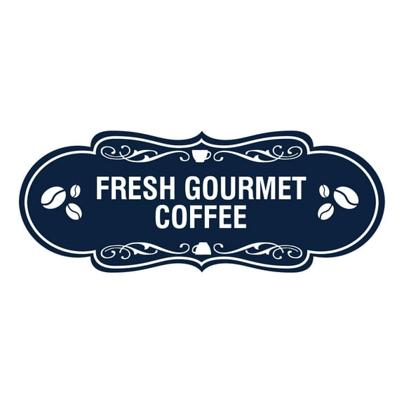 Designer Fresh Gourmet Coffee Sign (Navy Blue / White) - Large