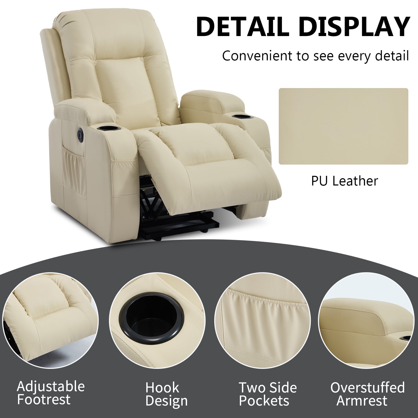 Power Lift Recliner Chair with Massage and Heat,Faux Leather Soft Chair with USB Charging&Cup Holders, Infinite Position Reclining,Heavy Duty 350 LBS Capacity