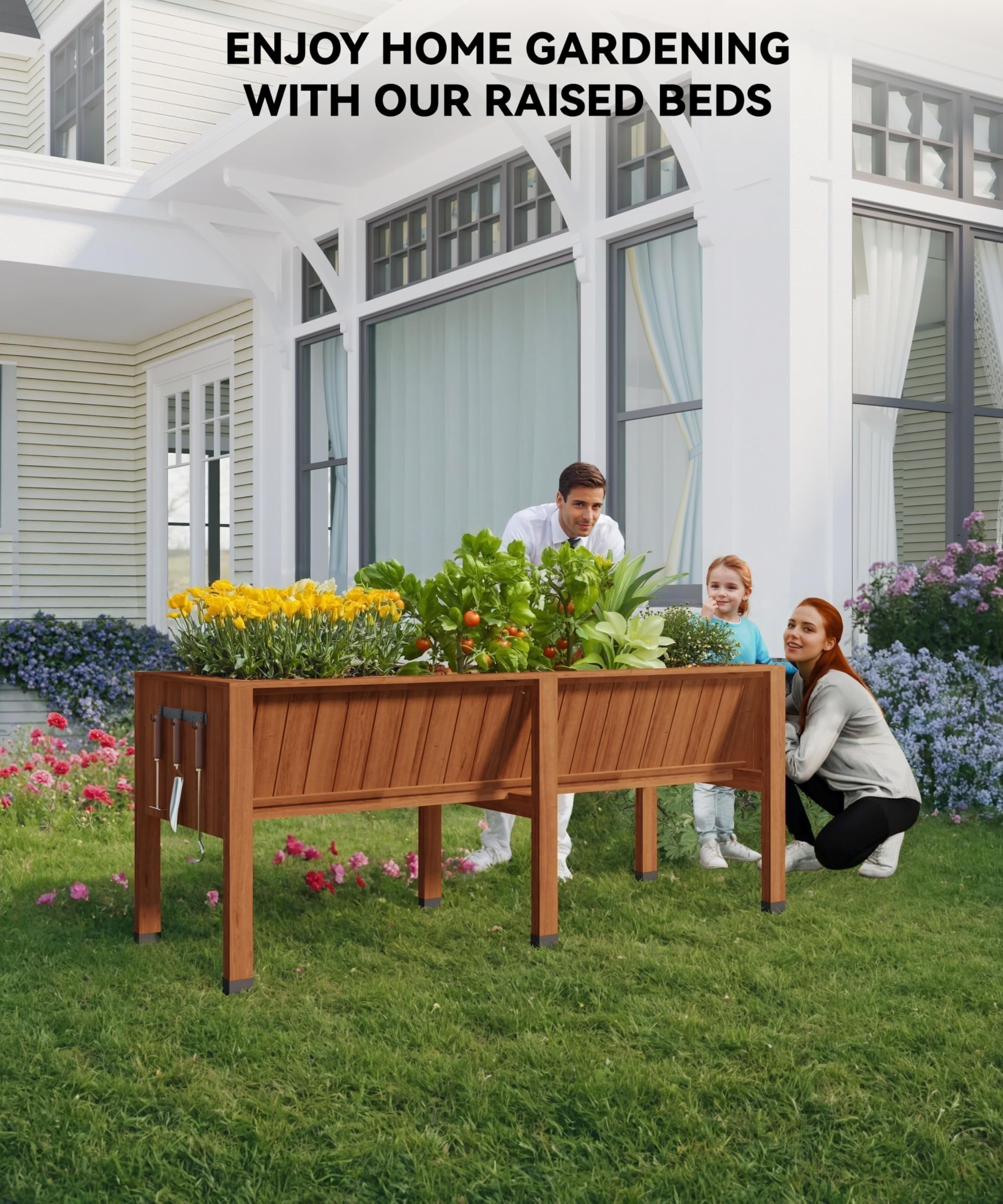 Garvee 72"x26"x31" Elevated Wooden Raised Garden Bed with Storage Hooks for Vegetables,Flowers,Brown