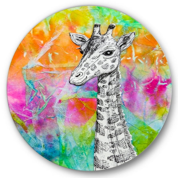 Designart 'Monochrome Giraffe Drawing On Bright Rainbow' Children's Art Circle Metal Wall Art 36x36 - Disc of 36