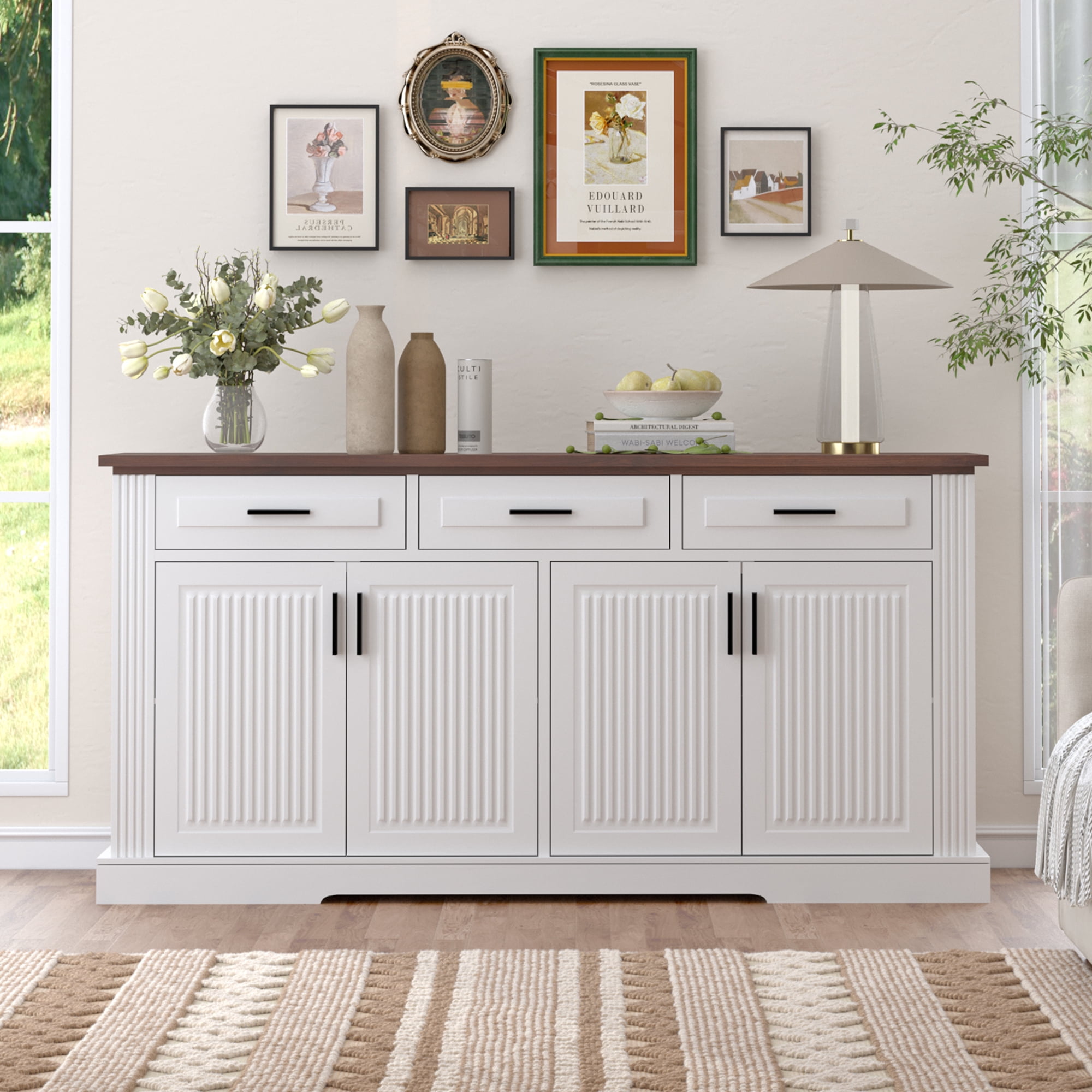 Mintazer 63" Fluted Sideboard Buffet Cabinet with Storage, Kitchen Storage Console Table with 4 Doors and 3 Drawers, Modern Coffee Bar Station for Entryway Kitchen Living Room Dining Room, White