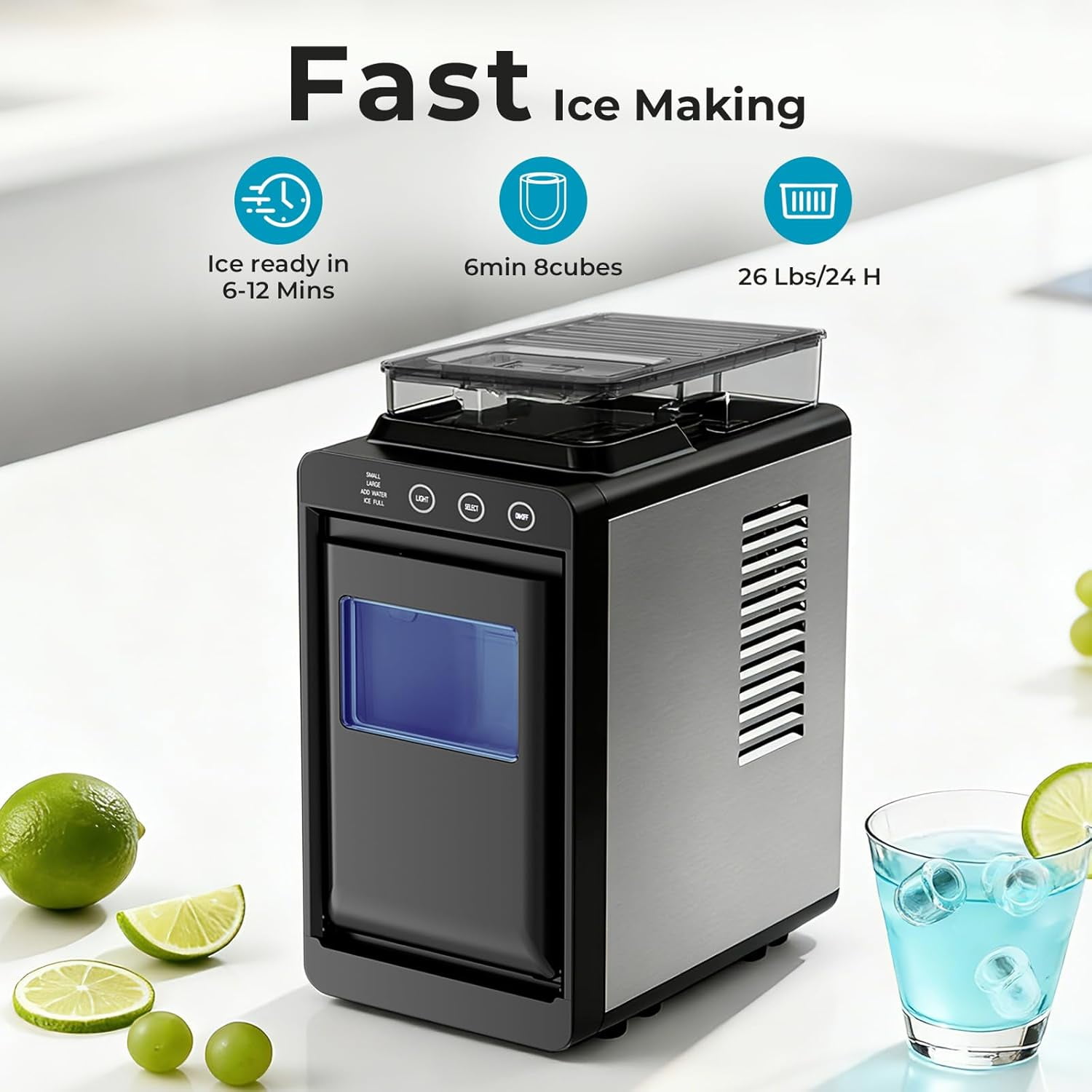 Countertop Ice Makers,26 Lbs/Day,8 Pcs in 6 Mins,Portable Ice Maker Machine with 1.2L Top Water Tank,Self-Cleaning,Interior Lighting,2 Sizes of Bullet Ice for Home/Office/Party/Kitchen/RV(Black)