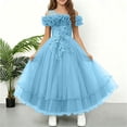 thumbnail image 2 of SGFCWSX Girls Formal Dress Off Shoulder Ruffle Tulle Ball Gown Lace Appliques Floor Length Wedding Flower Girl Birthday Dresses Sky Blue Size 9-10 Years, 2 of 7