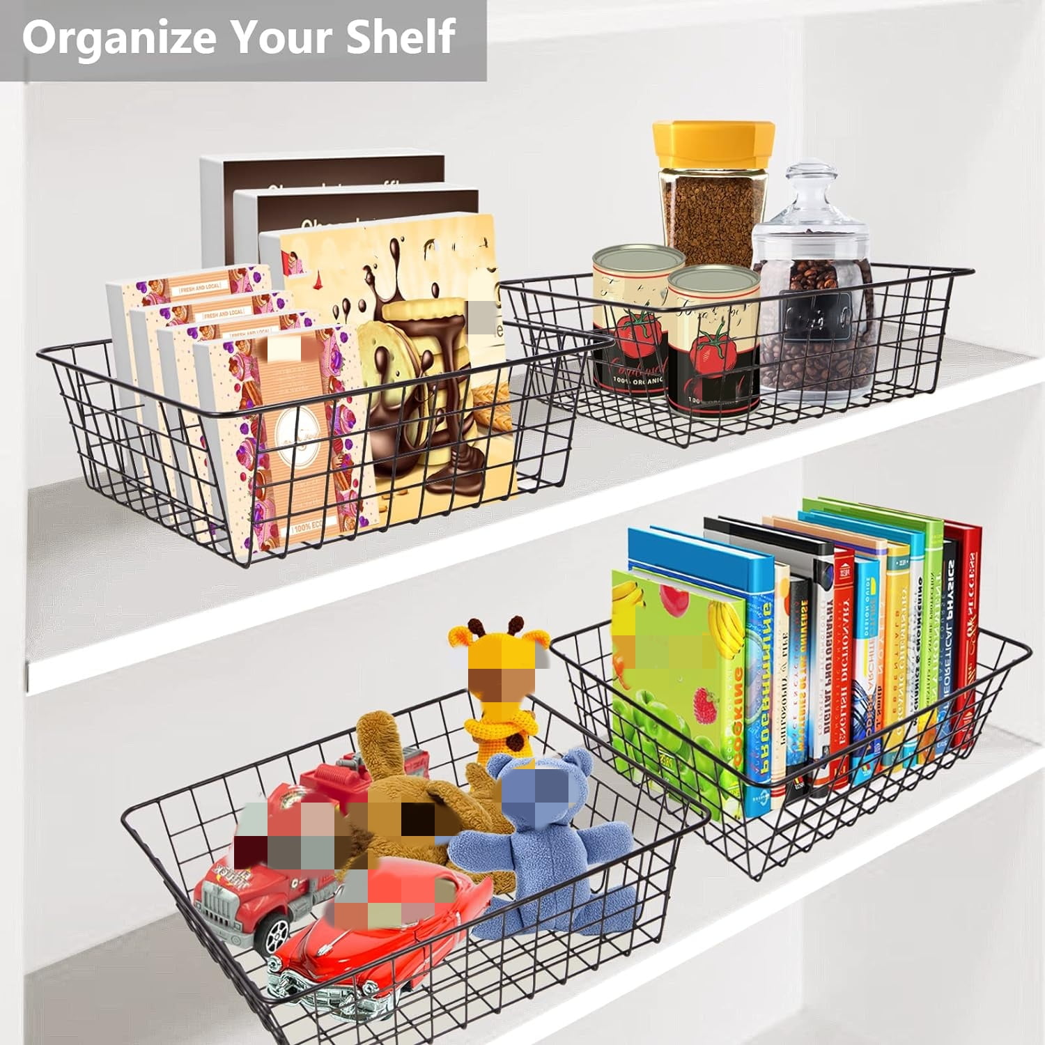 Wire Baskets for Organizing, 2 Pack Kitchen Pantry Organizers and Storage - Metal Basket for Kitchen, Laundry, Garage, Fridge, Stackable Wire Storage Baskets, Black