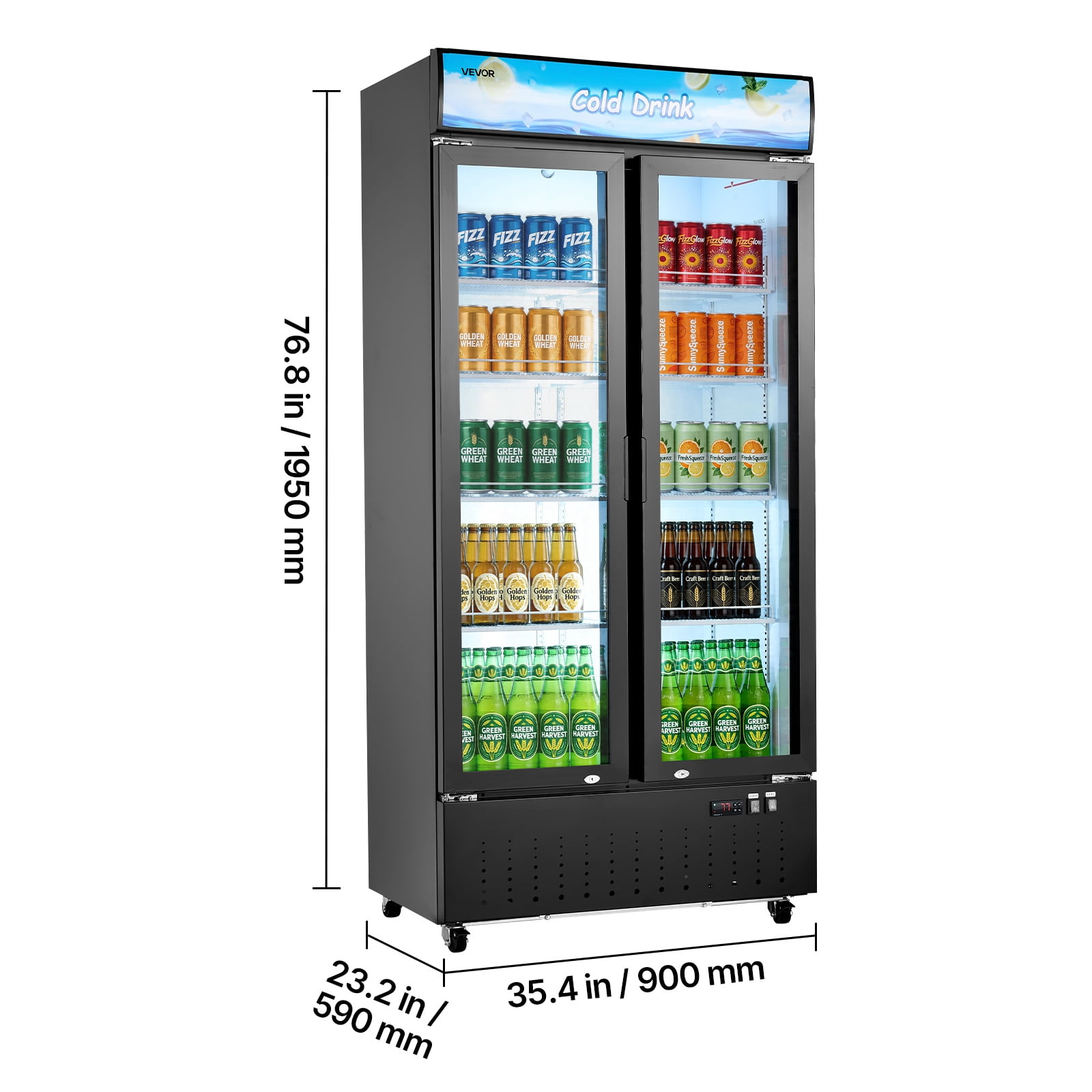 VEVOR Commercial Merchandiser Refrigerator, 20.8 Cu.Ft / 590L Upright Beverage Cooler, 2 Glass Door Display Refrigerator with Customizable Lightbox, 8 Adjustable Shelves, Soft LED Lighting & Casters
