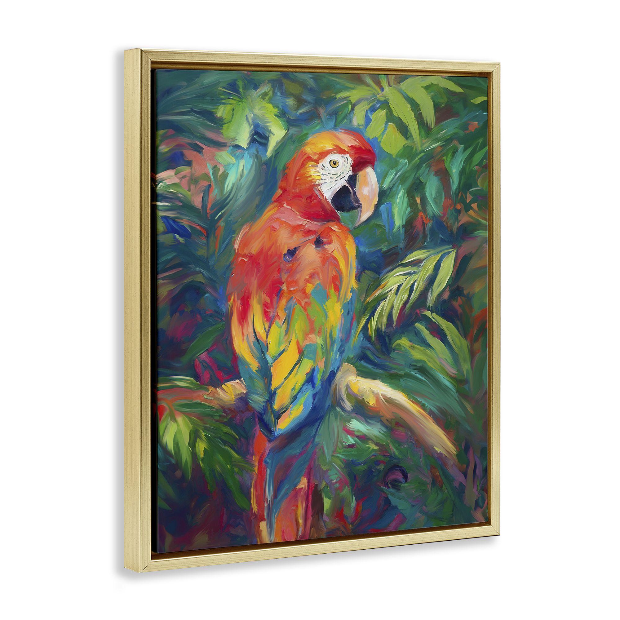Stupell Industries Jungle Macaw on Branch Animals & Insects Painting Gold Floater Framed Canvas Art Print Wall Art, 25 x 31